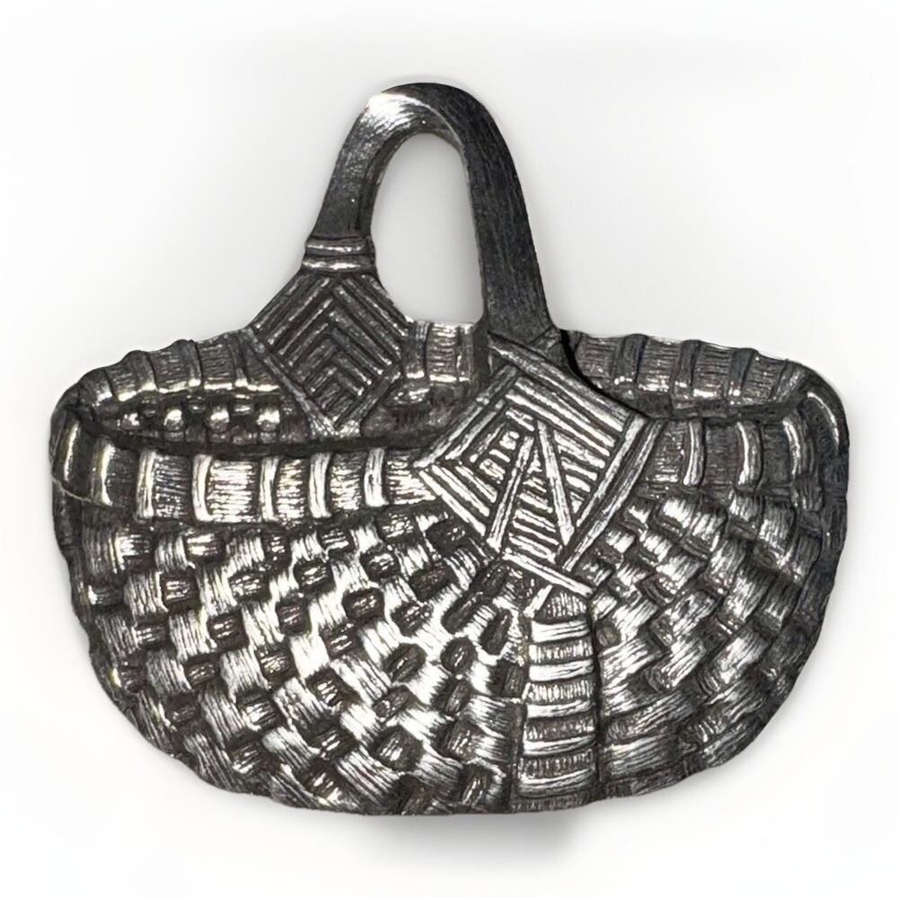 Vintage 1990 Danforth Pewter Woven Picnic Basket Brooch Pin